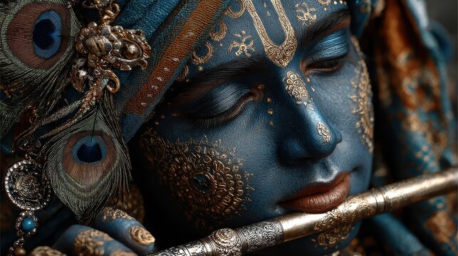 Close-up of artistic depiction of hindu god krishna playing the flute with peacock feather - Powered by Adobe