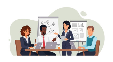 Diverse business team collaborating in an office meeting, discussing ideas, analyzing charts, and strategizing for success. Ideal for corporate and professional concepts.