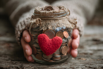 A jar of coins. Global day of charitable action, giving, donations. Give help, donations support day with coins jar, red heart, copy space