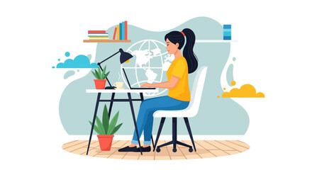 Productive woman working on a laptop in a cozy home office, illustrating remote work flexibility and global connectivity. Ideal for business and lifestyle.