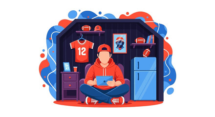 Young man in a cozy, sports-themed room, enjoying digital entertainment on his tablet. Represents leisure, modern lifestyle, and technology.
