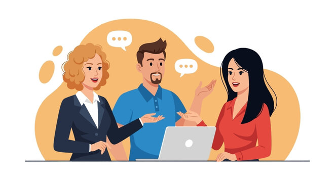 Diverse team of professionals collaborating and sharing ideas during a business meeting, fostering communication and problem-solving with a laptop.