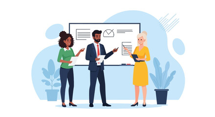 Diverse business team collaborating on a project in a modern office, discussing data and strategy during a productive meeting.