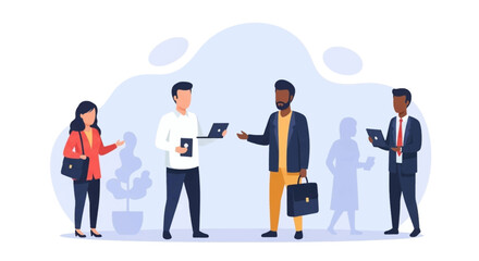 Diverse business professionals collaborate and connect, utilizing technology in a modern office or networking setting. Ideal for themes of teamwork, communication, and digital business.