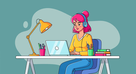 Smiling young woman in headphones diligently works on her laptop at a bright desk, ideal for concepts of remote work, online learning, or creative productivity.