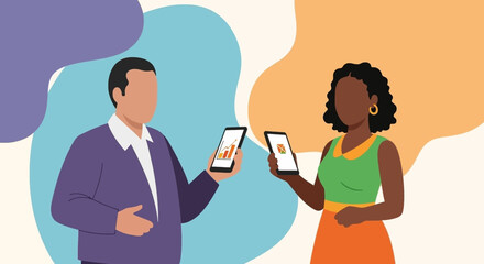 Diverse individuals interact via smartphones, showcasing digital communication, financial data, and modern business transactions. Ideal for technology and finance concepts.