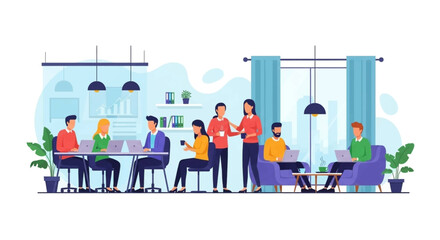 Modern office environment with a diverse team collaborating and working on laptops. Ideal for business, teamwork, and professional development concepts.
