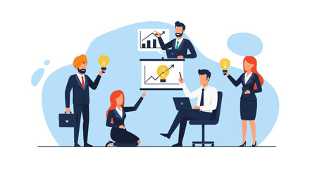 Diverse business team collaborating, sharing ideas, and analyzing growth charts. Represents innovation, teamwork, and strategic planning for success.