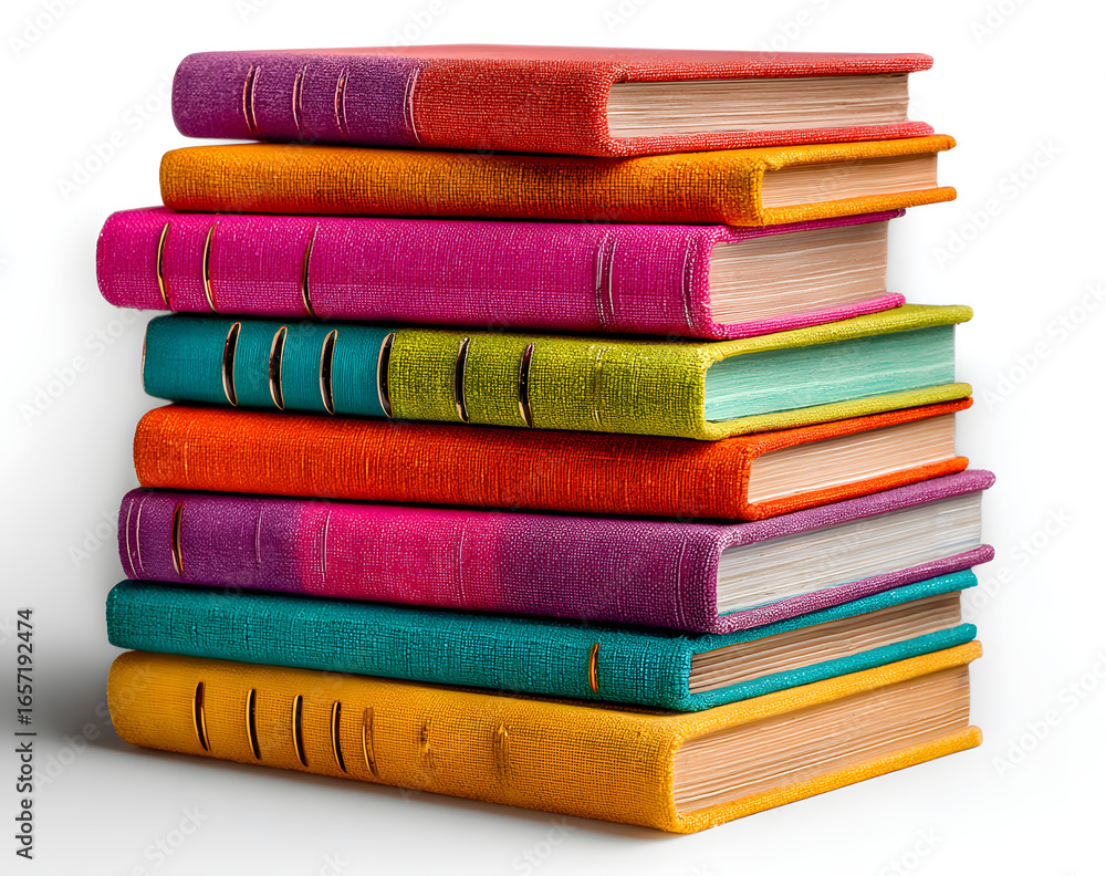 Poster stack of colorful books isolated on white background