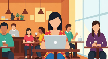 Woman focused on her laptop in a bustling cafe, surrounded by diverse people enjoying drinks. Ideal for remote work, lifestyle, or business concepts.