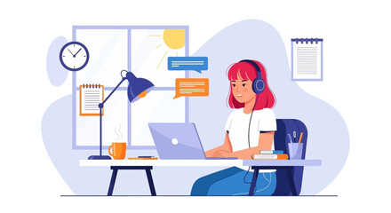 Young woman with headphones working remotely on her laptop from a bright home office. Ideal for concepts of online learning, virtual communication, or freelance work.