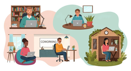 Obraz premium Diverse people working productively from various remote locations like home, coworking spaces, and garden offices, illustrating modern flexible work arrangements and productivity.