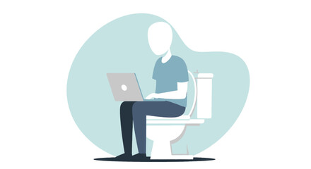 Illustration of a person using a laptop on the toilet, symbolizing digital addiction, multitasking, and the blurred lines of modern remote work lifestyle.