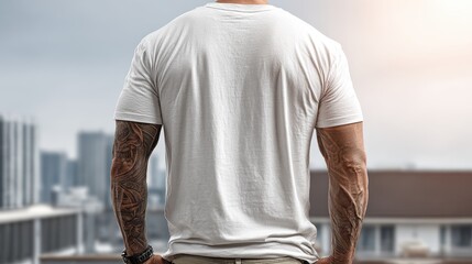 Back view of muscular man with tattoo on arms wearing a white t-shirt overlooking a city
