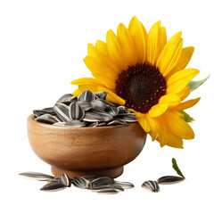 Sunflower seeds in wooden bowl with sunflower flower for healthy snack food isolated on transparent background, png