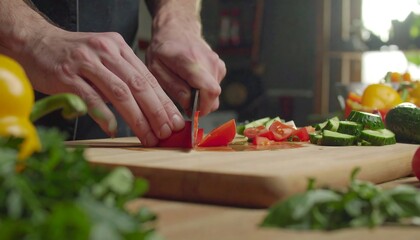 Close-up of hands expertly dicing red bell pepper on a wooden cutting board, alongside sliced tomatoes and cucumbers.