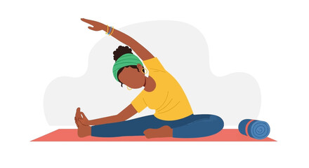 A woman on a yoga mat practices a side bend stretch, promoting health, flexibility, and a calm lifestyle. Ideal for fitness, wellness, and self-care content.