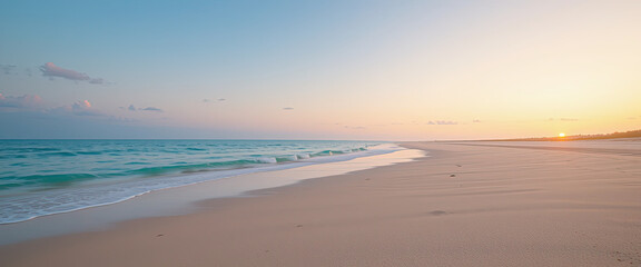 Peaceful sandy beach with gentle ocean waves at sunset, scenic coastal landscape with warm sunlight and calm seascape horizon, natural summer travel destination for relaxation
