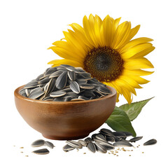 Sunflower seeds in bowl with sunflower flower for healthy eating concept isolated on transparent background, png
