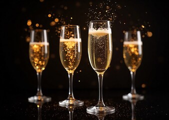 Four elegant flutes overflowing with effervescent golden liquid, illuminated by falling sparkles against a sophisticated dark backdrop.