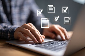 Person using laptop, managing digital documents, checkmarks indicate completion