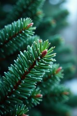 Deep green pine needles, frosted branches, close-up texture , winter, pine branches