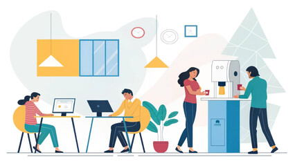 Diverse team members working and taking a coffee break in a modern, dynamic office environment, illustrating collaboration and productivity.