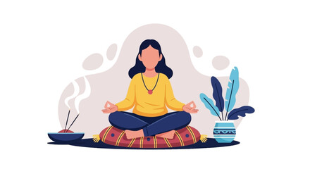 Person meditating peacefully in lotus pose, surrounded by calming incense smoke and a potted plant. Ideal for mindfulness, relaxation, and wellness concepts.