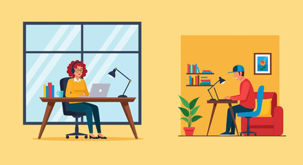 Two individuals working remotely from home offices, illustrating modern flexible work environments and digital business operations.