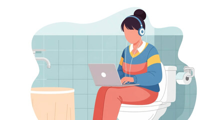 Person working on a laptop while sitting on a toilet, highlighting the blurred lines of remote work and multitasking in modern life.