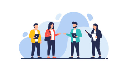 Diverse business team engaging in discussion and collaboration, using digital devices in a modern professional setting. Ideal for corporate, tech, or HR themes.