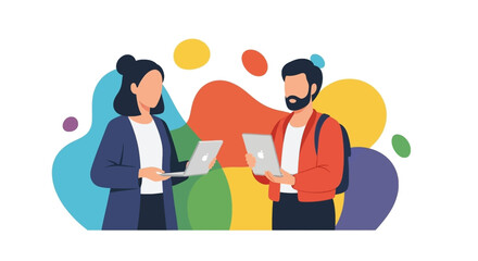 Diverse individuals collaborating with laptops and tablets against a vibrant abstract background, representing modern technology and digital communication.