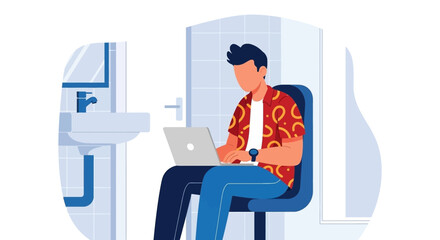 Man works on laptop in a bathroom, symbolizing flexible remote work, work-life balance challenges, or unconventional digital nomad lifestyle.