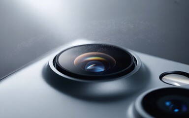 Extreme close-up of a modern smartphone camera lens, showing precise glass reflections