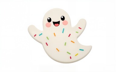 Obraz premium Cartoon ghost with pastel icing and sprinkles, smiling face, white background. High quality