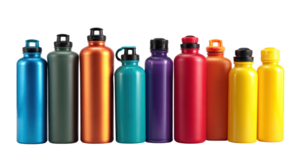 Set of school water bottles in various colors and sizes on white background