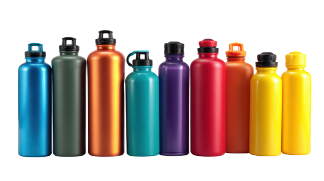 Set of school water bottles in various colors and sizes on white background