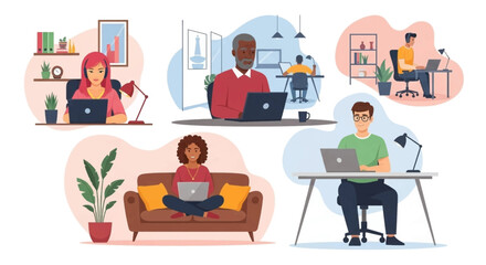 Diverse people working remotely from home with laptops, showcasing modern flexible work, productivity, and online collaboration. Ideal for business, technology, and lifestyle concepts.