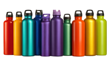 Set of school water bottles in various colors and sizes on white background