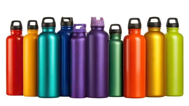 Set of school water bottles in various colors and sizes on white background