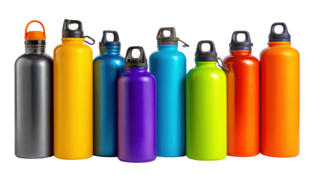 Set of school water bottles in various colors and sizes on white background