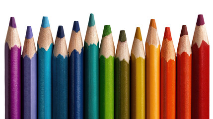Set of sharpened colored pencils arranged in a gradient on white background
