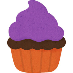 Purple frosting cupcake with chocolate and orange wrapper, festive and sweet treat