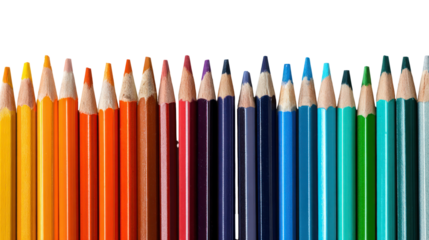 Set of sharpened colored pencils arranged in a gradient on white background