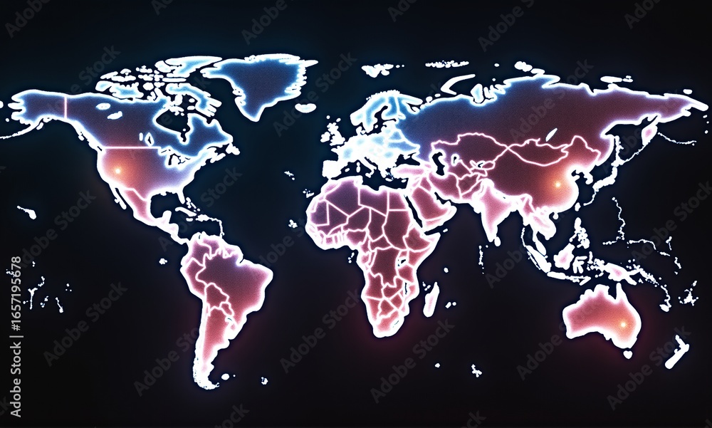 Poster a digital world map with glowing outlines, highlighting interconnected regions. represents global da