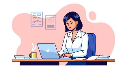 Professional woman working diligently on her laptop at an office desk, representing business, productivity, remote work, and focus in a modern environment.