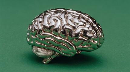 Shiny silver human brain model presented on a green backdrop in a studio setting