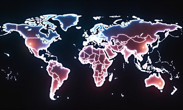 A digital world map with glowing outlines, highlighting interconnected regions. Represents global data or network activity.