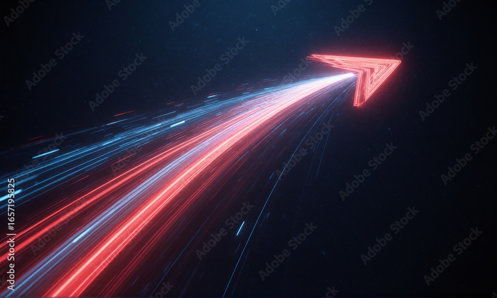 Poster dynamic red arrow soaring upwards, leaving vibrant light trails across a dark, futuristic background