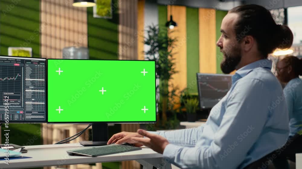 Poster investment consultant talking with clients during teleconference meeting using isolated screen pc. f